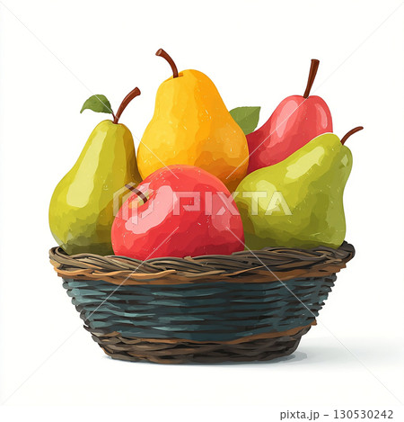 Illustration of a rustic wicker basket filled with apples and pears, symbolizing fruit harvest and healthy organic food. Vector illustration 130530242