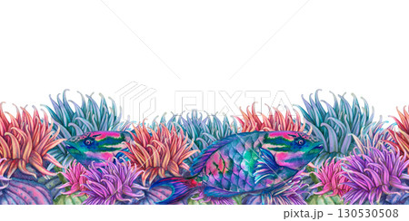 Seamless border with underwater seascape of rainbow tropical parrotfish among colorful corals and anemones. Watercolor template for sea design,, cards, posters, books, stickers, scrapbooking, textiles Seamless border with underwater seascape of rainbow tropical parrotfish among colorful corals and anemones. Watercolor template for sea design,, cards, posters, books, stickers, scrapbooking, textiles 130530508