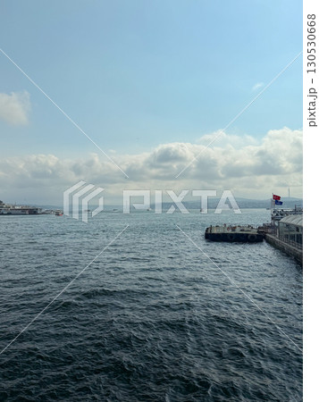 View of Bosphorus waterfront with boats, bridge, and cloudy sky. Maritime transport, travel, and scenic city landscape. 130530668
