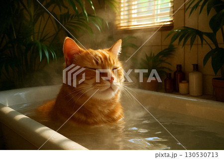 A ginger cat relaxes in a bathtub, soaking in hot water with bubbles. It's morning, and rays of light stream through the bathroom window. Cat spa. 130530713