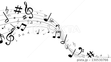 Musical notes and symbols on curved staff lines with black and white background creating artistic Musical notes and symbols on curved staff lines with black and white background creating artistic 130530766