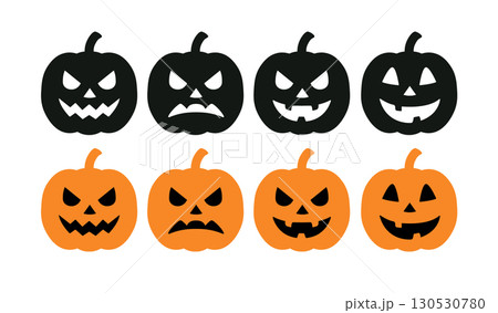 Halloween pumpkin faces spooky funny expressions black orange isolated. Pumpkin scary smile emotion 130530780