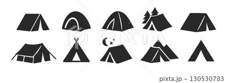 Tent camp vector silhouette black icon. Isolated tent outdoor military holiday camping vacation icon 130530783