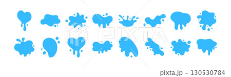 Water splash drop vector liquid puddle fluid shape cartoon icon set. Blue splash element tear blob 130530784