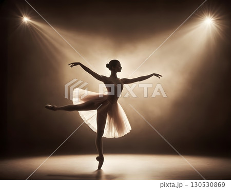 Silhouette of ballerina in graceful dance pose with glowing spotlight, cinematic elegant stage scene Silhouette of ballerina in graceful dance pose with glowing spotlight, cinematic elegant stage scene 130530869