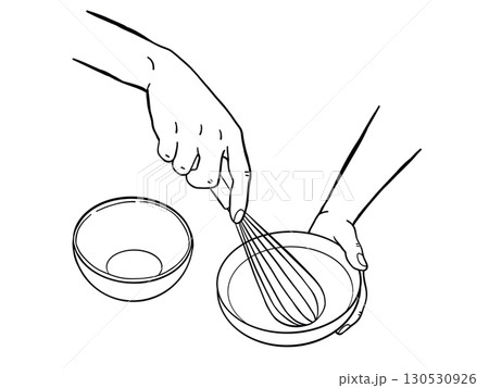 Hand hold bowl and mix dough line doodle vector object. Whipping cream with whisk. Simple spot illustration for web graphic design 130530926