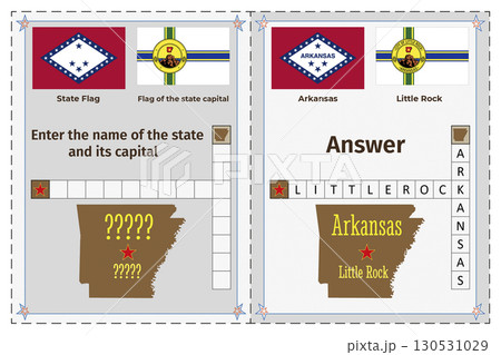 Geography of the USA for children. Question and answer. Flags, names, outline of the state and capital of Arkansas. Crossword illustration. Geography of the USA for children. Question and answer. Flags, names, outline of the state and capital of Arkansas. Crossword illustration. 130531029