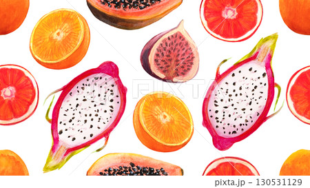Seamless pattern with dragon fruits, pitaya, orange, citrus, fig, papaya background. Hand drawn watercolor illustration for tropical wallpaper Seamless pattern with dragon fruits, pitaya, orange, citrus, fig, papaya background. Hand drawn watercolor illustration for tropical wallpaper 130531129