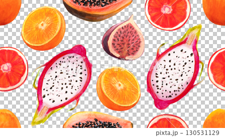 Seamless pattern with dragon fruits, pitaya, orange, citrus, fig, papaya background. Hand drawn watercolor illustration for tropical wallpaper Seamless pattern with dragon fruits, pitaya, orange, citrus, fig, papaya background. Hand drawn watercolor illustration for tropical wallpaper 130531129