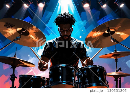 A drummer in silhouette in the middle of a solo. 130531205