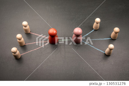 Illustration of two group leaders forming connections with their teams using chalk arrows Illustration of two group leaders forming connections with their teams using chalk arrows 130531276