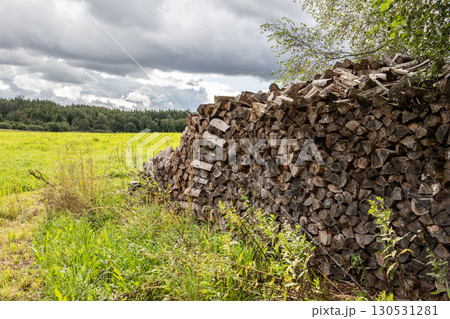 Neatly stacked firewood pile in rural countryside with stormy sky and green field background 130531281