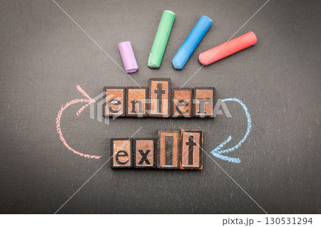 Conceptual representation of decision-making process with chalk arrows pointing to Enter and Exit 130531294