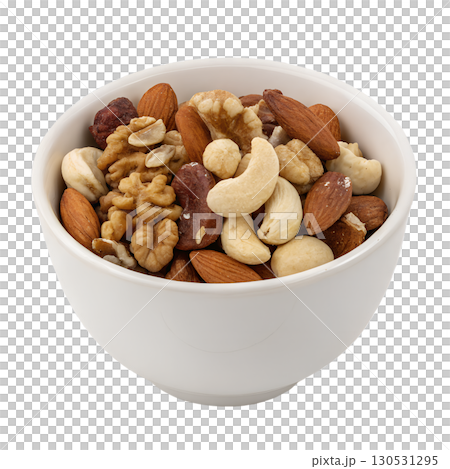Bowl of mixed nuts including walnuts, almonds, and cashews, healthy snack isolated on transparent background 130531295