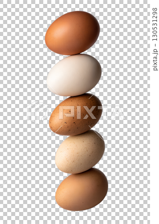 Stack of colorful chicken eggs, variety of pastel shades and vertical balance isolated on transparent background 130531298