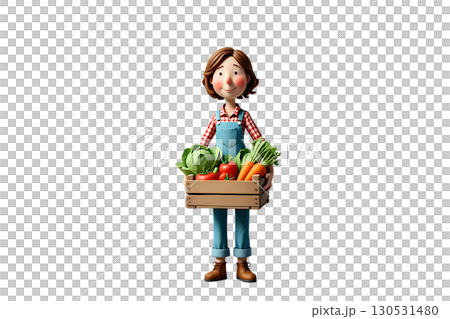 Friendly cartoon farmer woman holding wooden crate of fresh vegetables, organic produce and farm concept Friendly cartoon farmer woman holding wooden crate of fresh vegetables, organic produce and farm concept 130531480