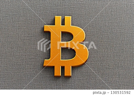 Golden bitcoin coin placed on gray textured surface, minimalist composition 130531592