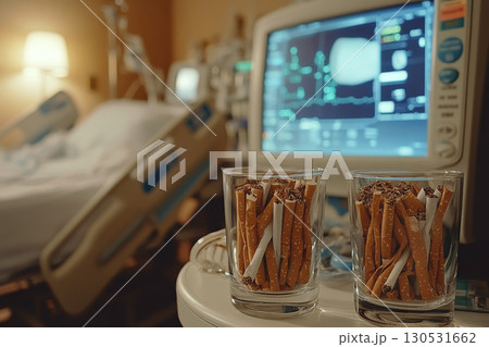 Two glass cups filled with cigarette butts are placed beside a medical monitor in a hospital room. Concept of health risk, addiction awareness. For anti-smoking campaigns and awareness. 130531662