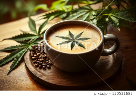 A cup of coffee with a leaf design rests on a wooden table with coffee beans and leaves around. Concept of nature-inspired beverage. For beverage promotion. 130531685