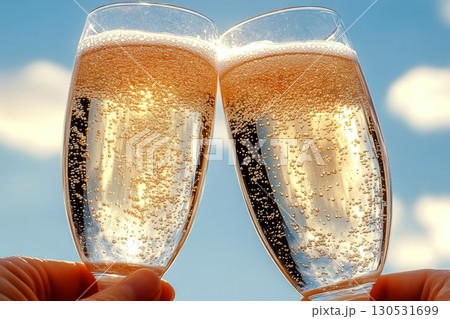 Two glasses filled with bubbly champagne are clinking against a blue sky. Concept of celebration and joy. For party invites. 130531699