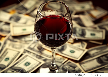 A glass of red wine rests on a bed of scattered dollar bills. Concept of luxury and wealth. For financial success themes. 130531700