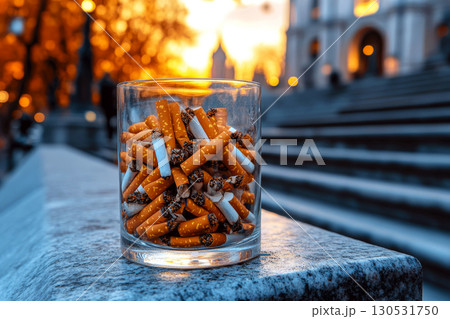 Cigarette butts are collected in a glass jar placed on a stone surface with blurred steps in the background. Concept of pollution and smoking awareness. For health campaigns 130531750