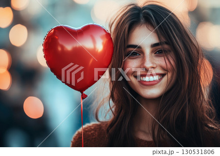 Woman holding a red heart-shaped balloon, smiling in an outdoor setting. Concept of happiness and love. For Valentine's Day promotion 130531806