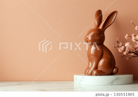 Chocolate bunny statue on a marble base with soft flowers, set against a pastel background. Concept of simplicity and elegance. For decor inspiration. 130531905