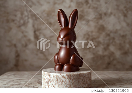 Chocolate bunny sculpture sits on a marble pedestal against a textured background. Concept of sweet and decorative art. For a dessert or festive catalog 130531906