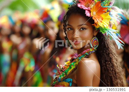 A woman in vibrant, colorful attire and a flower headdress stands in focus with a blurred group behind her. Concept of traditional celebration and culture. For cultural event photo. 130531991