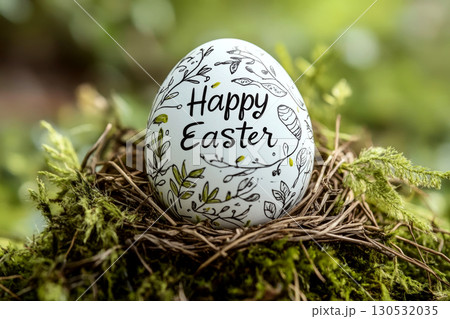 Decorative egg with "Happy Easter" text in a nest on green moss. Concept of celebration and nature. For holiday greeting card. Decorative egg with "Happy Easter" text in a nest on green moss. Concept of celebration and nature. For holiday greeting card. 130532035