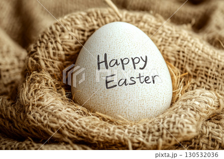 Egg with "Happy Easter" text rests on burlap fabric. Concept of Easter celebration and festivity. For holiday greetings. 130532036