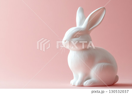 White ceramic rabbit figurine sits against a pastel pink background. Concept of minimalism and elegance. For home decor inspiration 130532037