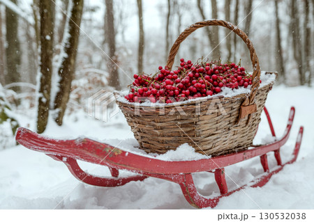 A wicker basket filled with red berries sits on a red sled in a snowy forest. Concept of winter harvest and natural beauty. For seasonal greeting card. 130532038