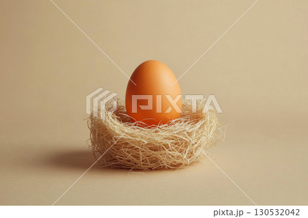An egg rests in a nest made of straw against a neutral backdrop. Concept of simplicity and nature. For conceptual design. 130532042