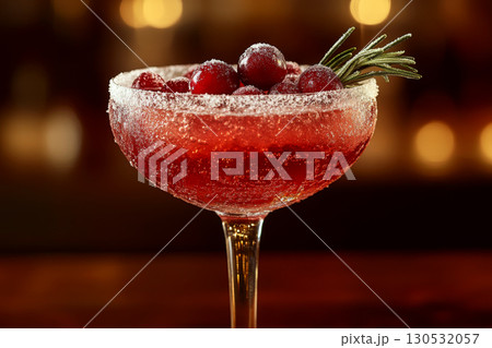 A glass with red drink, cranberries, and rosemary is on a wooden table. Concept of festive or holiday cocktail. For advertising beverage recipes or bars. 130532057