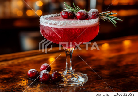 Red cocktail with sugar rim, garnished with cranberries and rosemary, on a wooden bar. Concept of festive holiday drink. For holiday party advertisement. 130532058