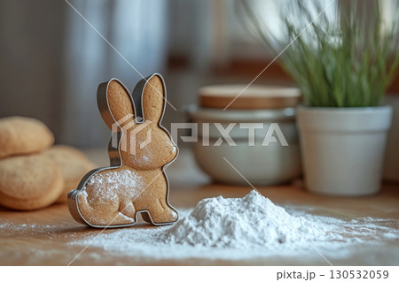 Bunny-shaped cookie cutter holding dough dusted with flour on a wooden counter. Concept of baking, creativity, and festive preparation. For baking-themed content. 130532059