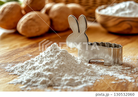 Bunny-shaped cookie cutter beside a mound of flour on a wooden table. Concept of baking preparation. For cookie recipe photos. 130532060