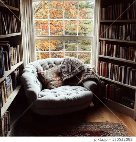 Cozy reading nook with a plush chair, blanket, and bookshelves by a window with autumn leaves. Concept of comfort, relaxation, and reading. For home decor inspiration. 130532092