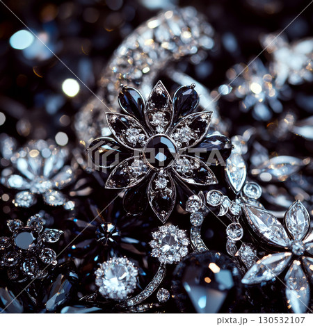 Intricate black and clear gemstone jewelry pieces arranged closely. Concept of luxury and elegance. For jewelry advertisements Intricate black and clear gemstone jewelry pieces arranged closely. Concept of luxury and elegance. For jewelry advertisements 130532107