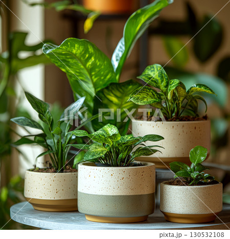 Four potted plants sit on a table, surrounded by greenery. Concept of indoor gardening and home decor. For a houseplant care guide. Four potted plants sit on a table, surrounded by greenery. Concept of indoor gardening and home decor. For a houseplant care guide. 130532108