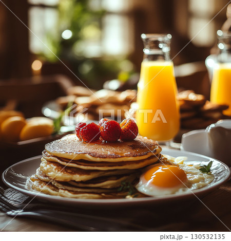 Stack of pancakes topped with strawberries beside sunny egg and orange juice in cozy setting. Concept of delicious breakfast. For breakfast food photo 130532135
