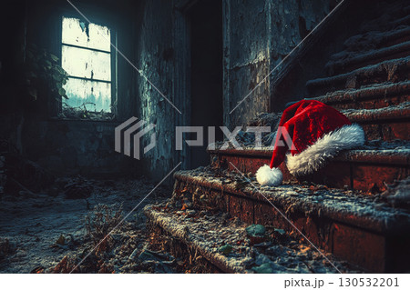 A Santa hat lies on frosty, decaying stairs in an old, abandoned building. Concept of contrast between festive spirit and decay. For seasonal or eerie photo. A Santa hat lies on frosty, decaying stairs in an old, abandoned building. Concept of contrast between festive spirit and decay. For seasonal or eerie photo. 130532201
