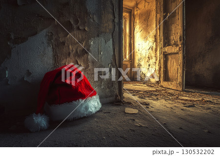 A Santa hat lies on the floor of a dim, abandoned room with peeling walls and open doors. Concept of forgotten holiday. For holiday photo themes. A Santa hat lies on the floor of a dim, abandoned room with peeling walls and open doors. Concept of forgotten holiday. For holiday photo themes. 130532202