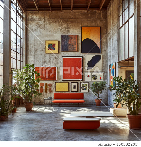 Art gallery with colorful paintings on a tall wall and potted plants on the ground. Concept of modern art and interior design. For contemporary art promotion. Art gallery with colorful paintings on a tall wall and potted plants on the ground. Concept of modern art and interior design. For contemporary art promotion. 130532205