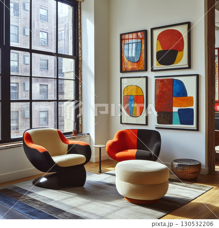 Two modern chairs and a round ottoman sit in a sunlit room with abstract art. Concept of contemporary interior design. For inspiring home decor ideas. Two modern chairs and a round ottoman sit in a sunlit room with abstract art. Concept of contemporary interior design. For inspiring home decor ideas. 130532206