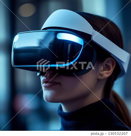A person wearing a VR headset indoors, focused and immersed in virtual reality. Concept of technology immersion. For tech advertising A person wearing a VR headset indoors, focused and immersed in virtual reality. Concept of technology immersion. For tech advertising 130532207