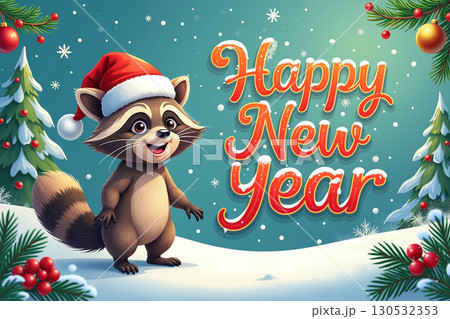 Raccoon in Santa hat wishes Happy New Year.のイラスト素材 [130532353] - PIXTA