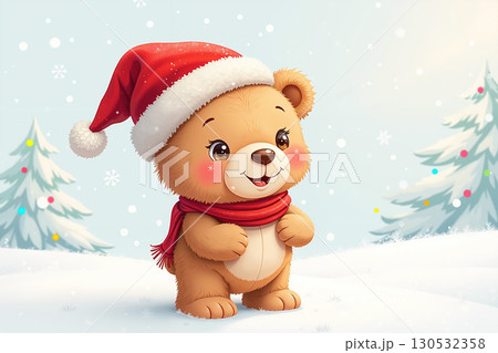 Cute teddy bear in Santa hat and scarf stands...のイラスト素材 [130532358] - PIXTA